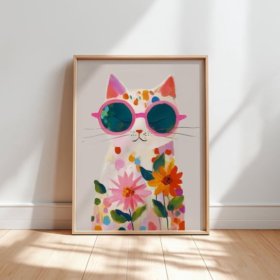 Funky Cat With Sunglasses Art Poster, Floral Animal Decor, Unframed Canvas Size 24x36