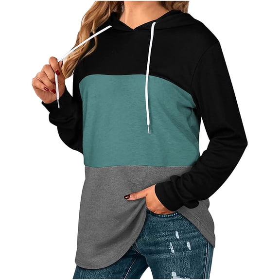 Fesfesfes Women Hooded Casual Patchwork Pullover Long Sleeve Hooded Drawstring Hoodies Blouse Tops Sweatshirt Under $10
