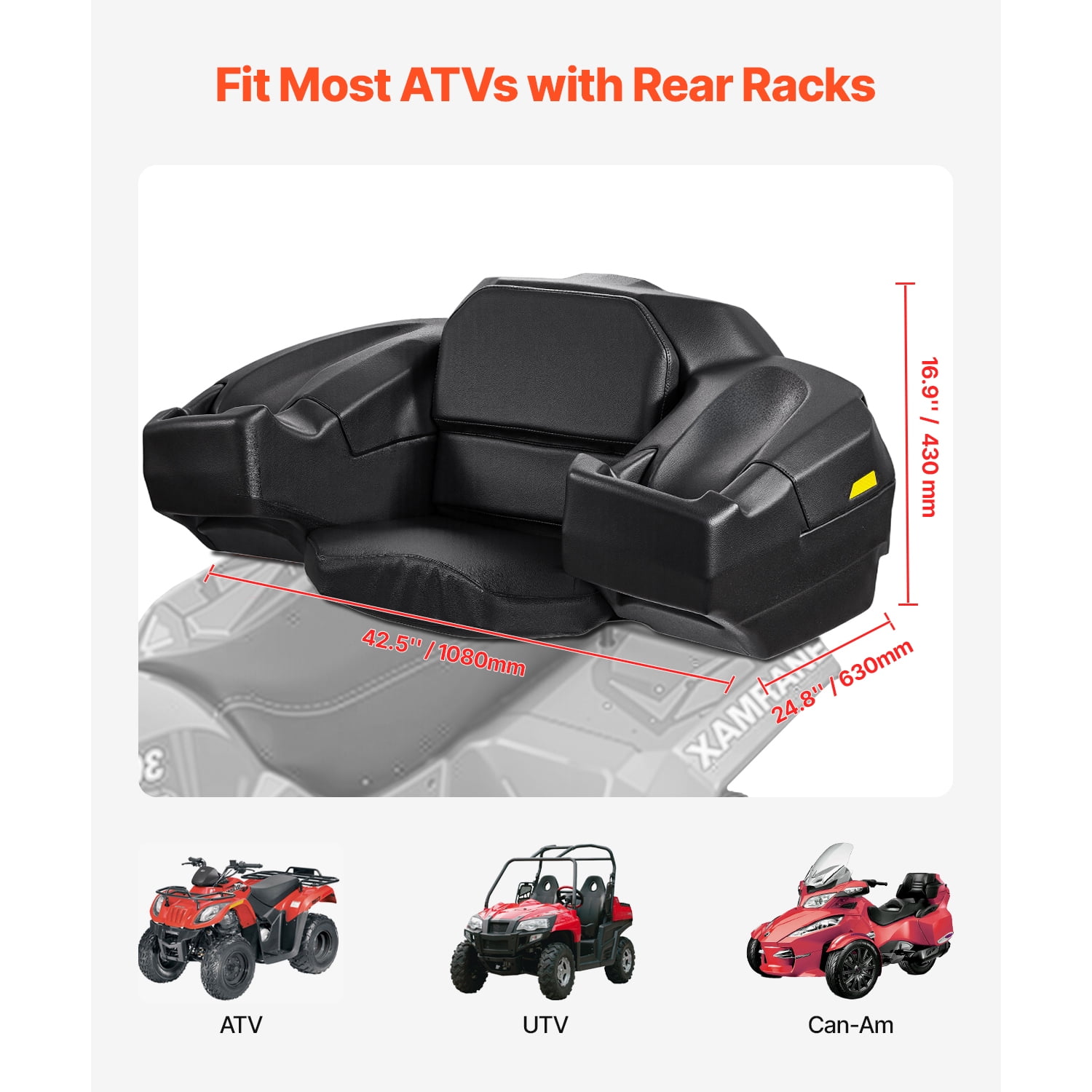 KFFKFF 95L ATV Rear Storage Box with Seat and Backrest, Durable Waterproof LLDPE Lockable Cargo Box for Rear Racks, Suitable for ATV, UTV, and Can-Am Vehicles
