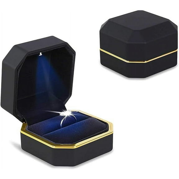 Ring Box, Jewelry Gift Boxes, Square Velvet Interior Elegant Style Design Ring Box with LED Light for Jewelry Display Wedding Engagement, Black, 7.5cm * 7.5cm * 5cm