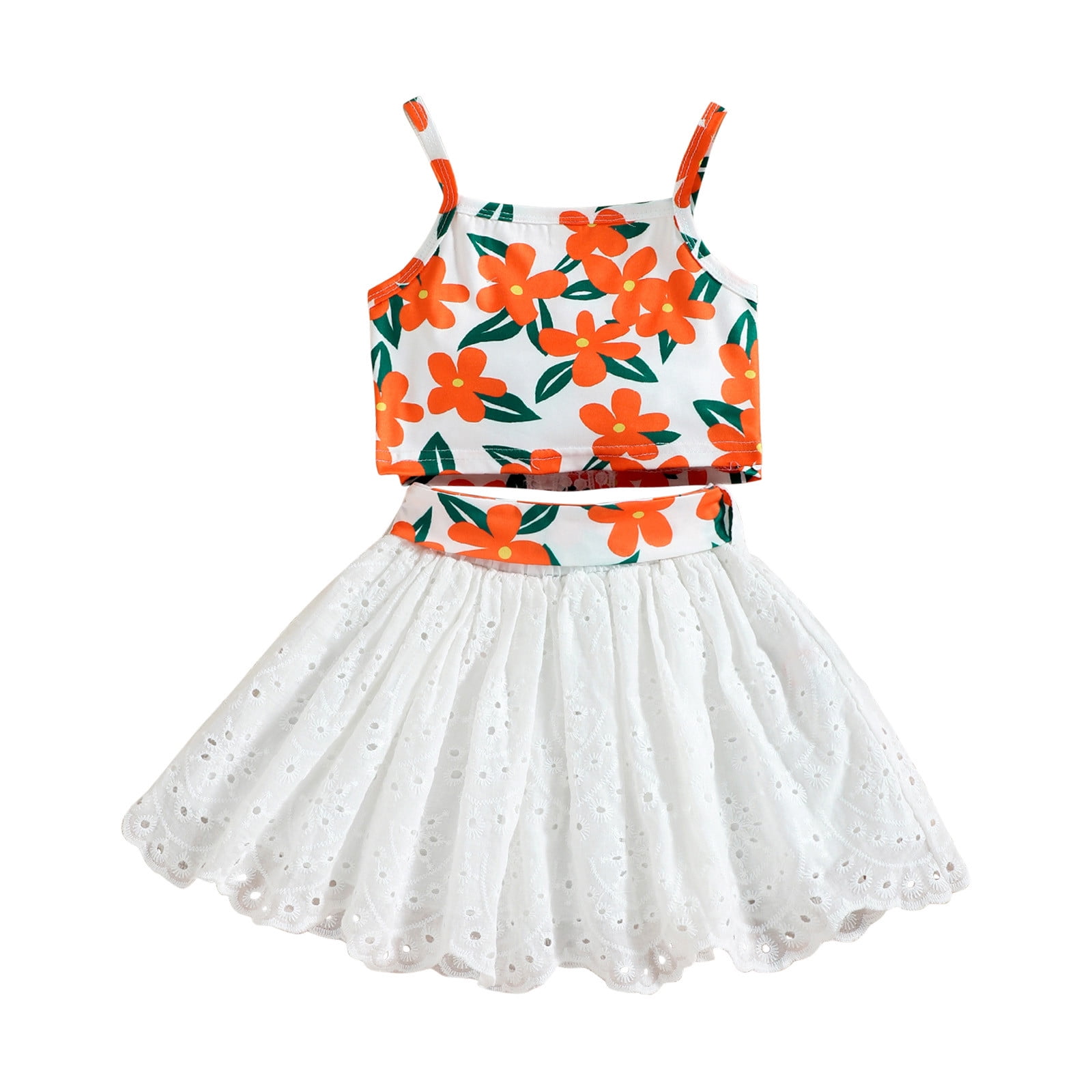 Rbaofujie Toddler Girl Clothes Baby Girls Fashion Cute Flowers Print Lcae Hollow Out Skirt Suspenders Top Suit Discount Clearance White