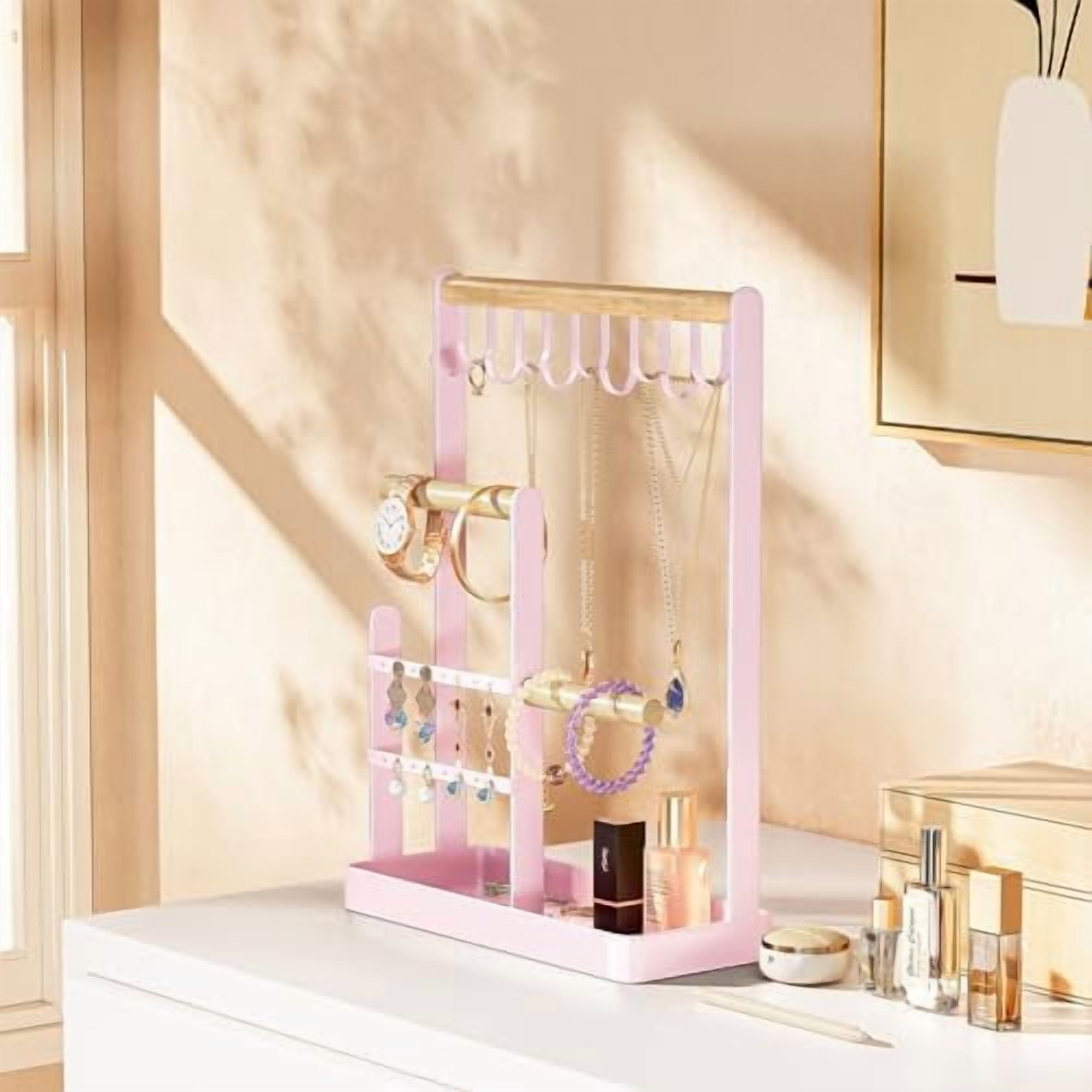 Jewelry Stand Holder Organizer, 4-Tier Necklace Holder with Ring Tray, 10 Hooks Necklaces Hanging Small Jewelry Display Storage Tower Tree for Bracelets Earrings Watches -Medium, Pink