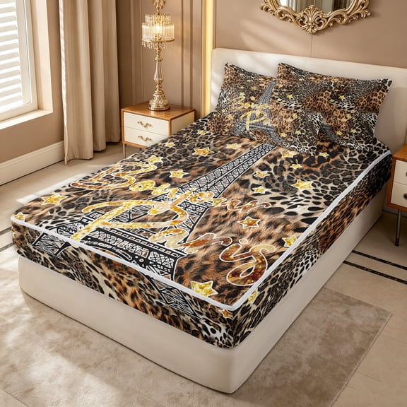 Erosebridal Gold Leopard Cheetah Print Zipper Twin Comforter Sets with Fitted Sheet and 2 Pillowcases for Girls, Eiffel Tower Zipper Bedding Set, Black Reversible, 4pcs