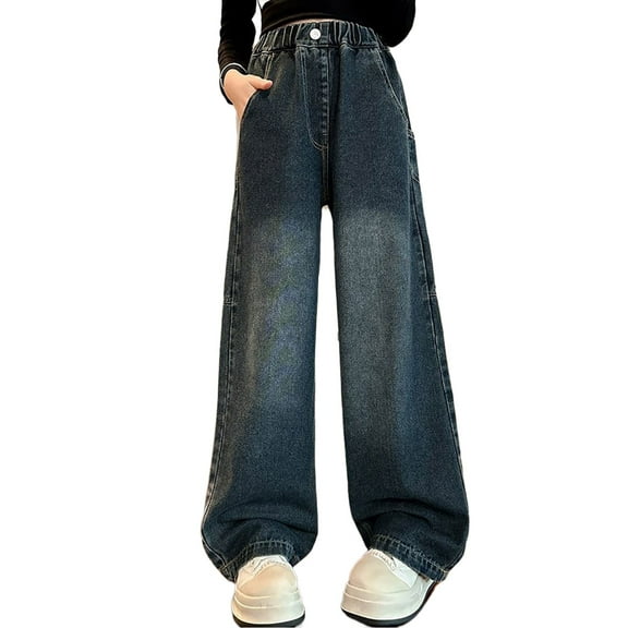 KAUOD Teen Girls Baggy Jeans Straight High Waist Cargo Denim Pants Kids Elastic Waist Retro Streetwear Jeans Trousers
