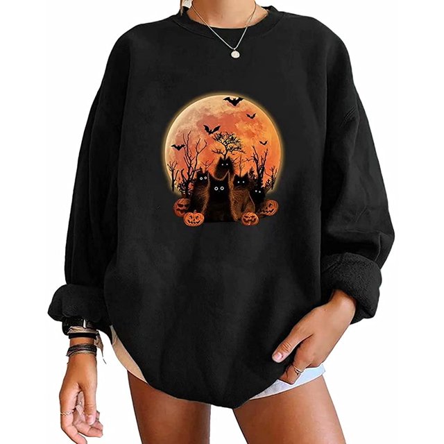 Pullovers d'Halloween pour Femmes Manches Longues Chandails en Molleton Squelette Drôle Citrouille