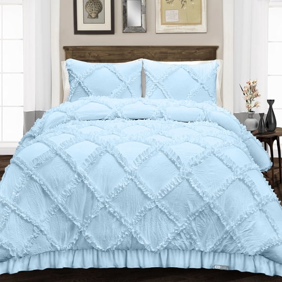 SGI Bedding Twin XL Size Duvet Covers Egyptian Cotton 1000TC 3 Piece Set Light Blue Diamond Ruffle