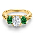 thumbnail image 3 of Gem Stone King 18K Yellow Gold Plated Silver White Moissanite and Green Created Emerald Filigree Style 3 Stone Ring for Women (2.20 Cttw, Oval 8X6MM and 6X4MM) (Size 7), 3 of 6