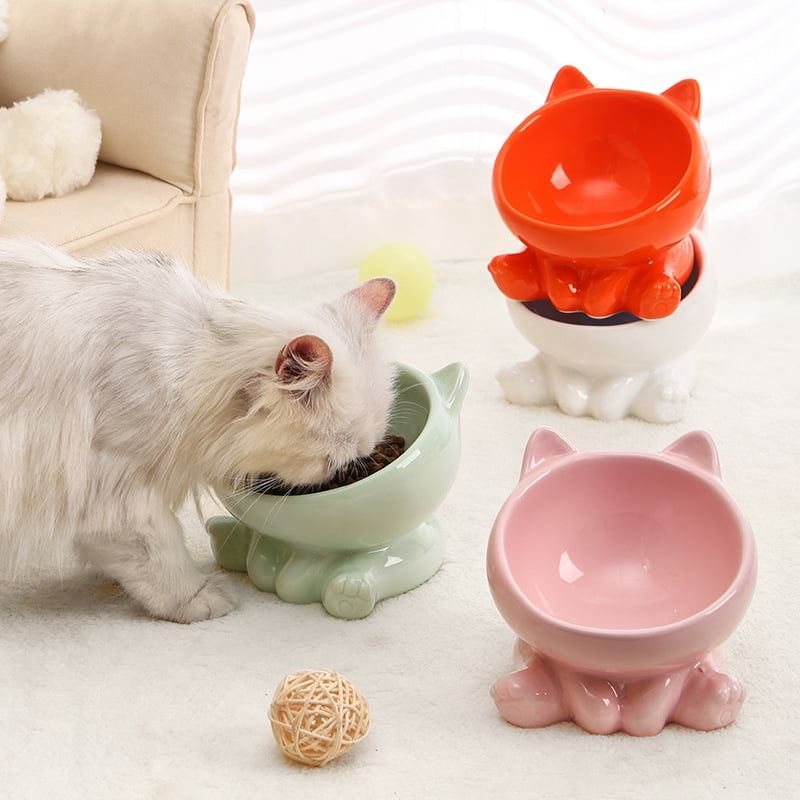 2pcs Ceramic Cat Bowl Oblique Mouth Pet Feeding Bowl, Neck Guard Tilted Food Water Bowl, Anti Choke Non Slip Ceramic Bowl for Cat Puppy Small Dog Indoor Daily Feeding and Drinking Supplies
