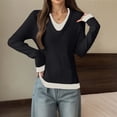 thumbnail image 2 of UJNDER Two Tone Collar Pullover Sweater Long Sleeve Knitted Top Lined Layering Shirt Black One Size, 2 of 4