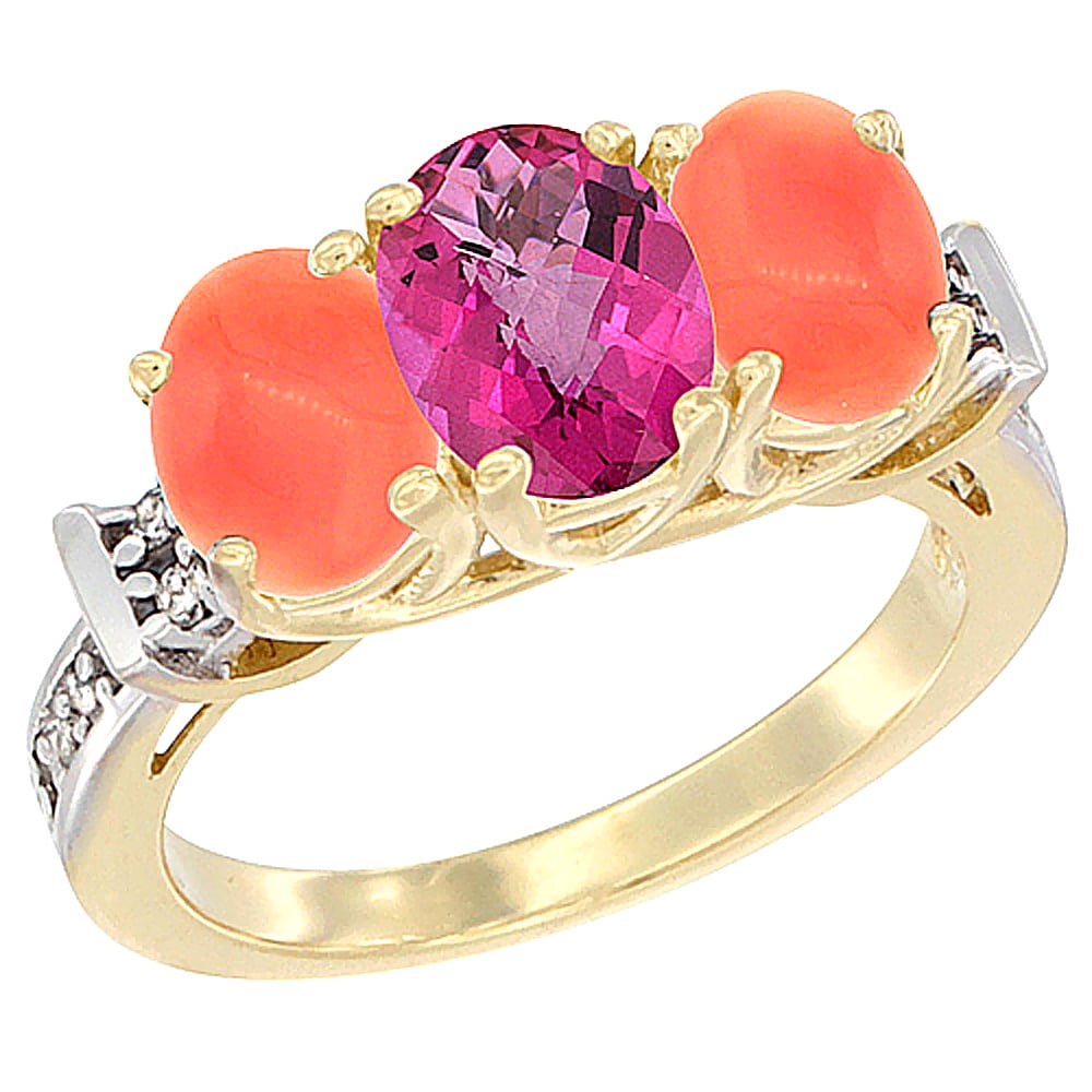 10K Yellow Gold Natural Pink Topaz & Coral Sides Ring 3-Stone Oval Diamond Accent, sizes 5 10 by WorldJewels