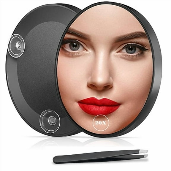 Hmggoofa  4.5" Round Makeup Mirror with Tweezers, 20X Magnification, Black, Handheld & Suction Cup