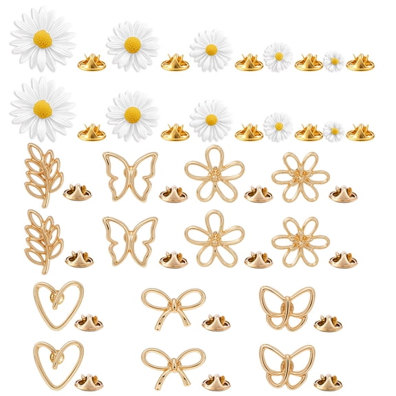 24Pcs 12 Style Daisy Flower Lapel Pins Plant Sunflower Suit Brooch Pin Gold Heart/Leaf/Butterfly Brooches Pins