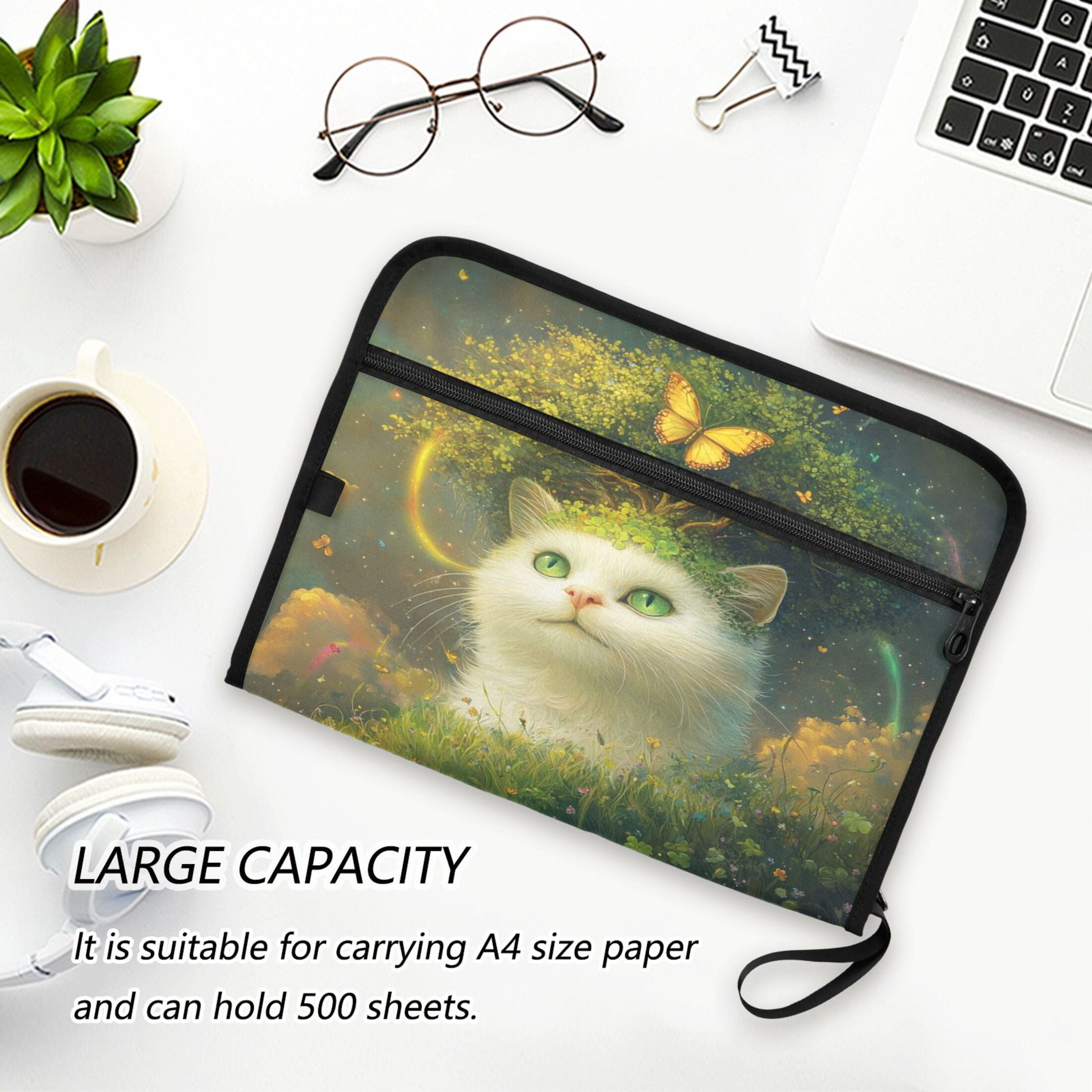 WOBOGO Forest White Cat Expanding File Folder Letter Size Accordion Filing Organizer 13 Pocket Separate Organ Pocket