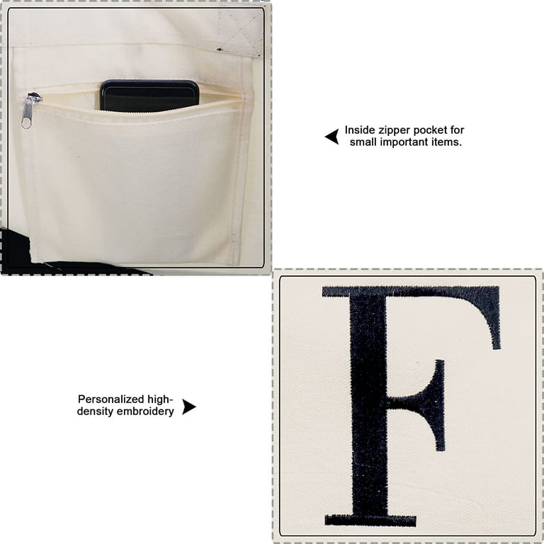 Personalized Initial Canvas Tote Bag with Zipper Pocket - 13oz
