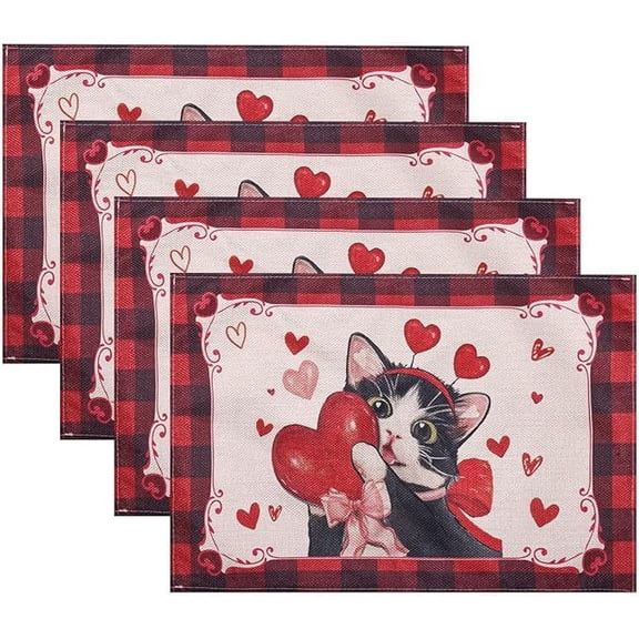 Cute Cat Placemats Set of 4 - Pink Red Heart Checkered Valentines Faux Leather Place Mats for Kitchen Table Indoor Outdoor Non-Slip Heat Resistant Placemat Wipeable Dining Table Mats, 18" x 12"