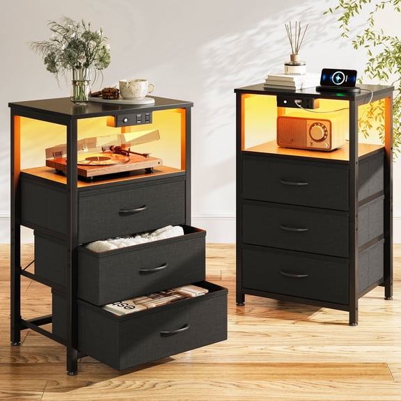 Sofanext Night Stand with Charging Station Set 2, End Table for Bedroom Small Nightstand with Fabric Drawers, Tall Nightstand for Bedroom, Bedside Table, Black