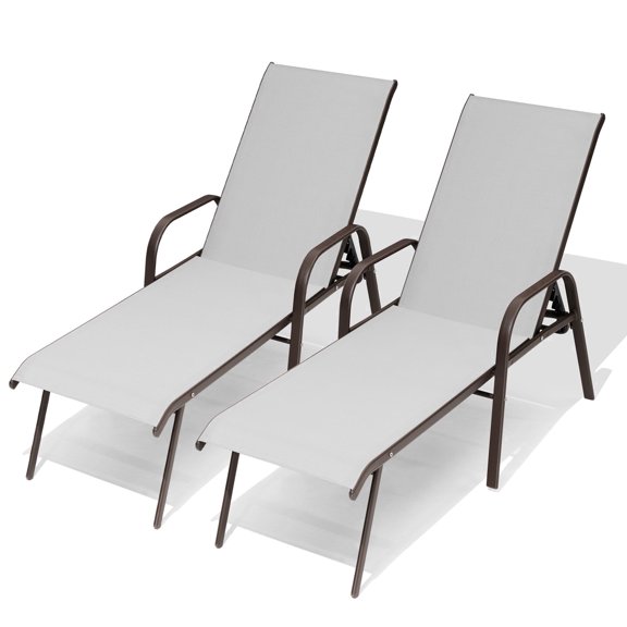Crestlive Products Adjustable Steel Chaise Lounge Chair, 5‑Position Recliner with Rust-Resistant Frame (2PCS Light Gray)