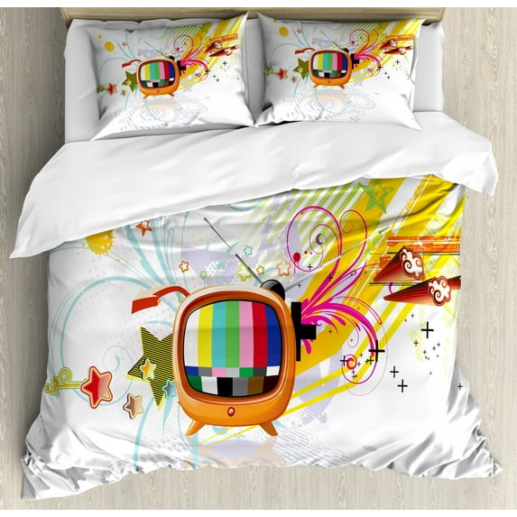 Modern Duvet Cover Set King Size, Digital Image Television Media Theme Stars Stripes Lines Abstract Artwork Image, Decorative 3 Piece Bedding Set with 2 Pillow Shams, Multicolor, by Ambesonne
