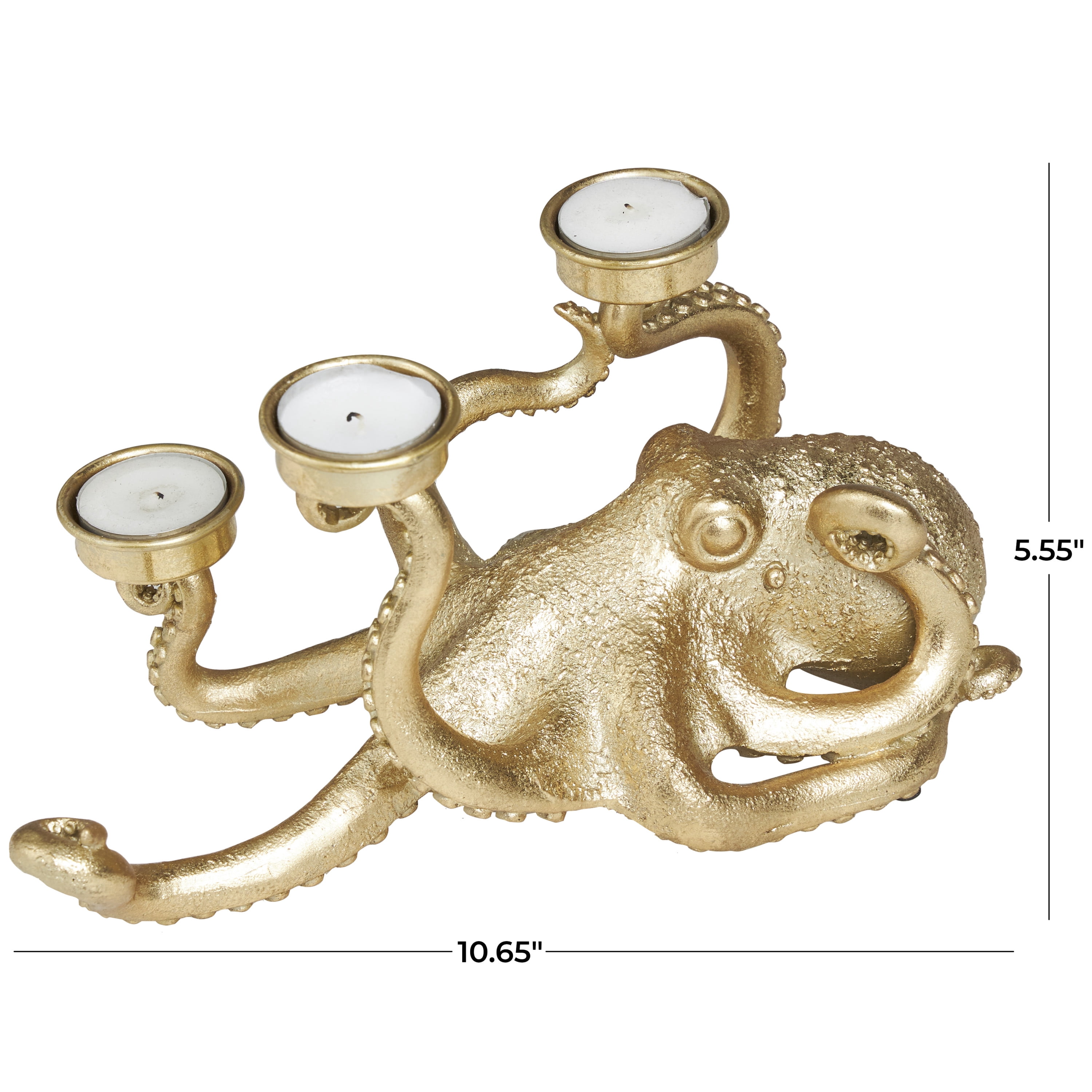 DecMode 3 Holder Gold Polystone Octopus Textured Candelabra with Tentacle Candle Slots