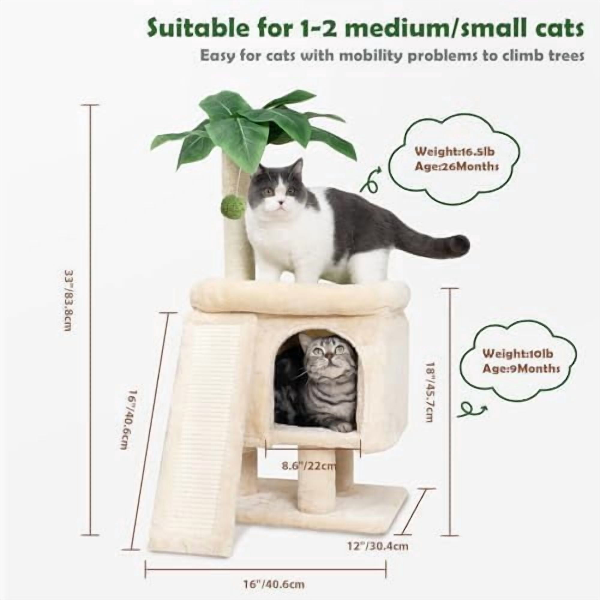 Palm Cat Tree Tower for Indoor Cats with Cozy Cat Condo, 33'' Natural Sisal Scratching Posts and Plush Pom-pom for Small Kitty
