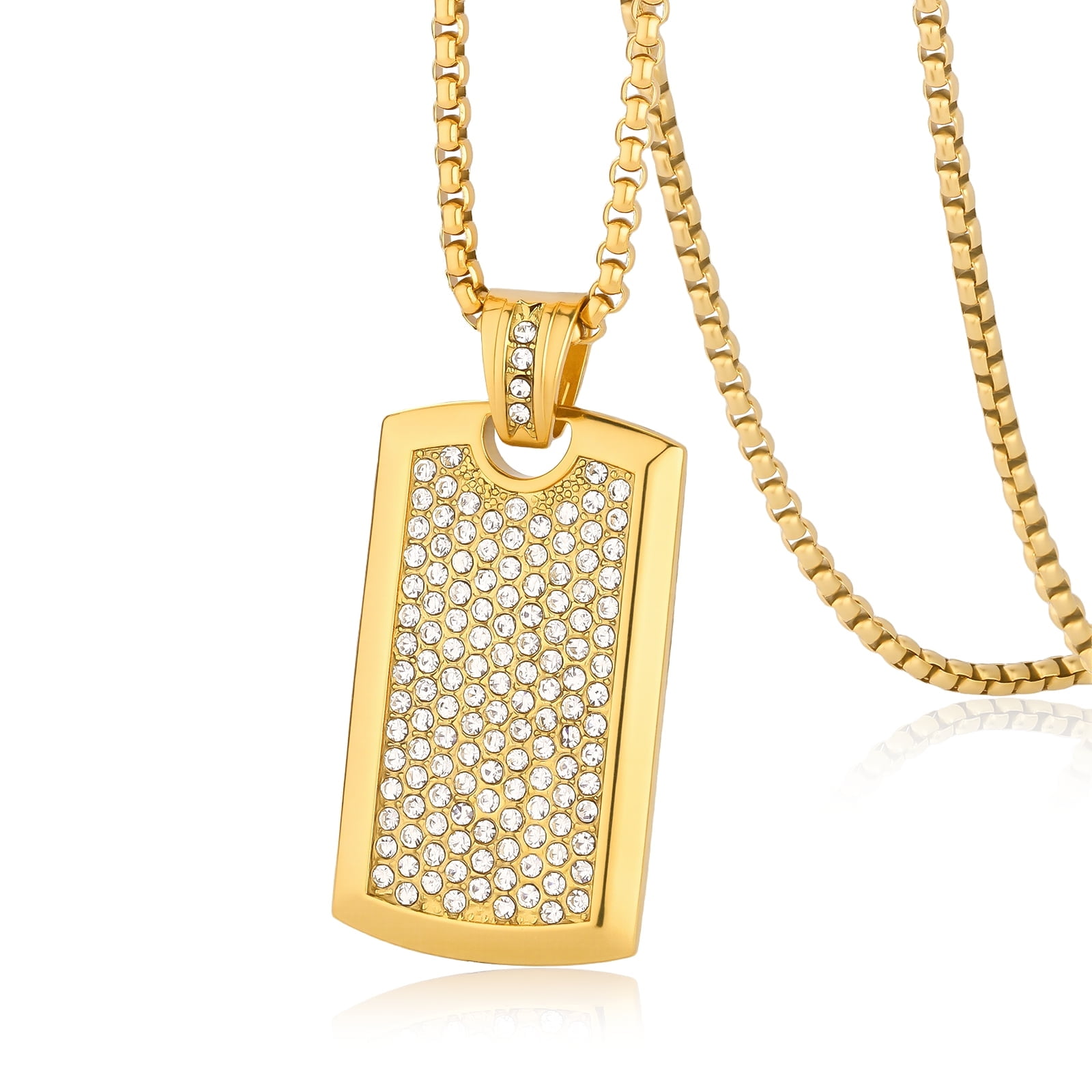 RapzGz Iced Out Dog Tags Pendant Necklace for Men Women 18K Gold Plated Stainless Steel Personalized Hip Hop Military Army Style Diamond CZ Charm Jewelry, Ideal Gift for Him & Her