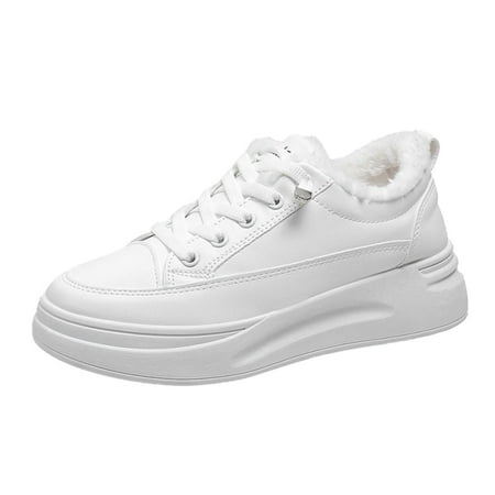 

Youmylove Women Fashion Solid Color Leather Plush Warm Lace Up Thick Soled Casual Shoes Cozy Comfy Footwear