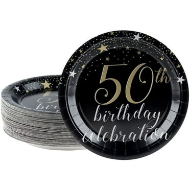 80-Count 50th Birthday Party Paper Plates 9", Black and Gold Foil Favors Decorations Disposable Lunch Dinner Dessert Plates Paper Party Supplies for Birthday Party