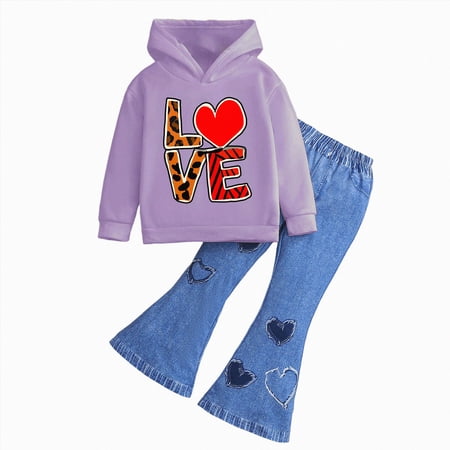 Toddler Outfits for Girls Sets Fall Winter Hoodie Denim Flare Pants Comfy Casual 2T 3T 4T 5T 6T Kids Cute Print Girls Pullover Clothes Hoodie Sets 2-3 Years H