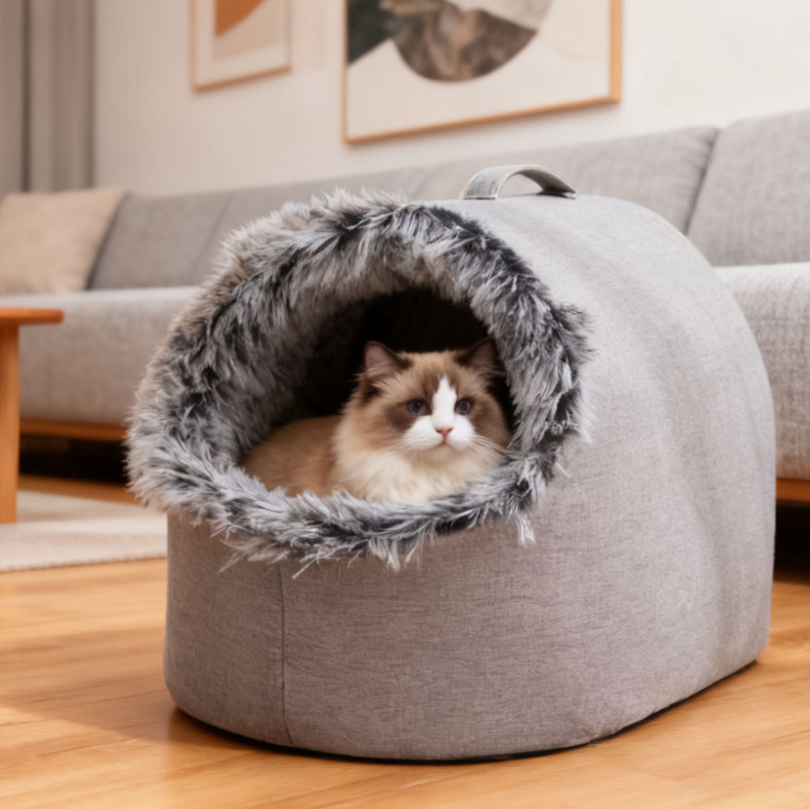 Portable Warm Cat Cave Bed, Soft Plush Hooded Pet Calming Nest - Washable Removable Cushion for Indoor Cats, Small Dogs, Winter Sleeping (9.84x11. Inches)