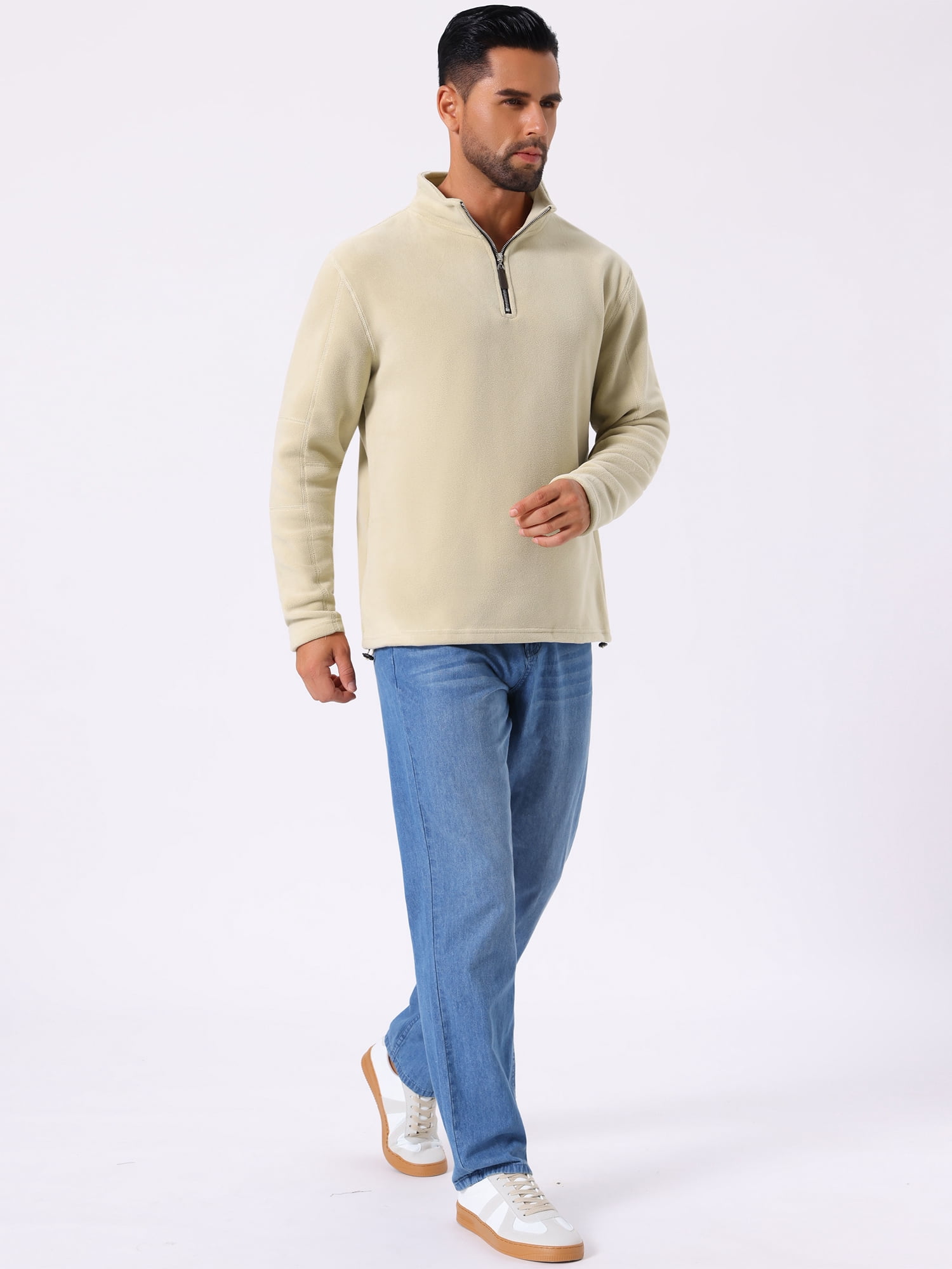 DARING DIVA Men's Solid Stand Collar Half-Zip Long Sleeve Fleece Sweatshirt S Khaki