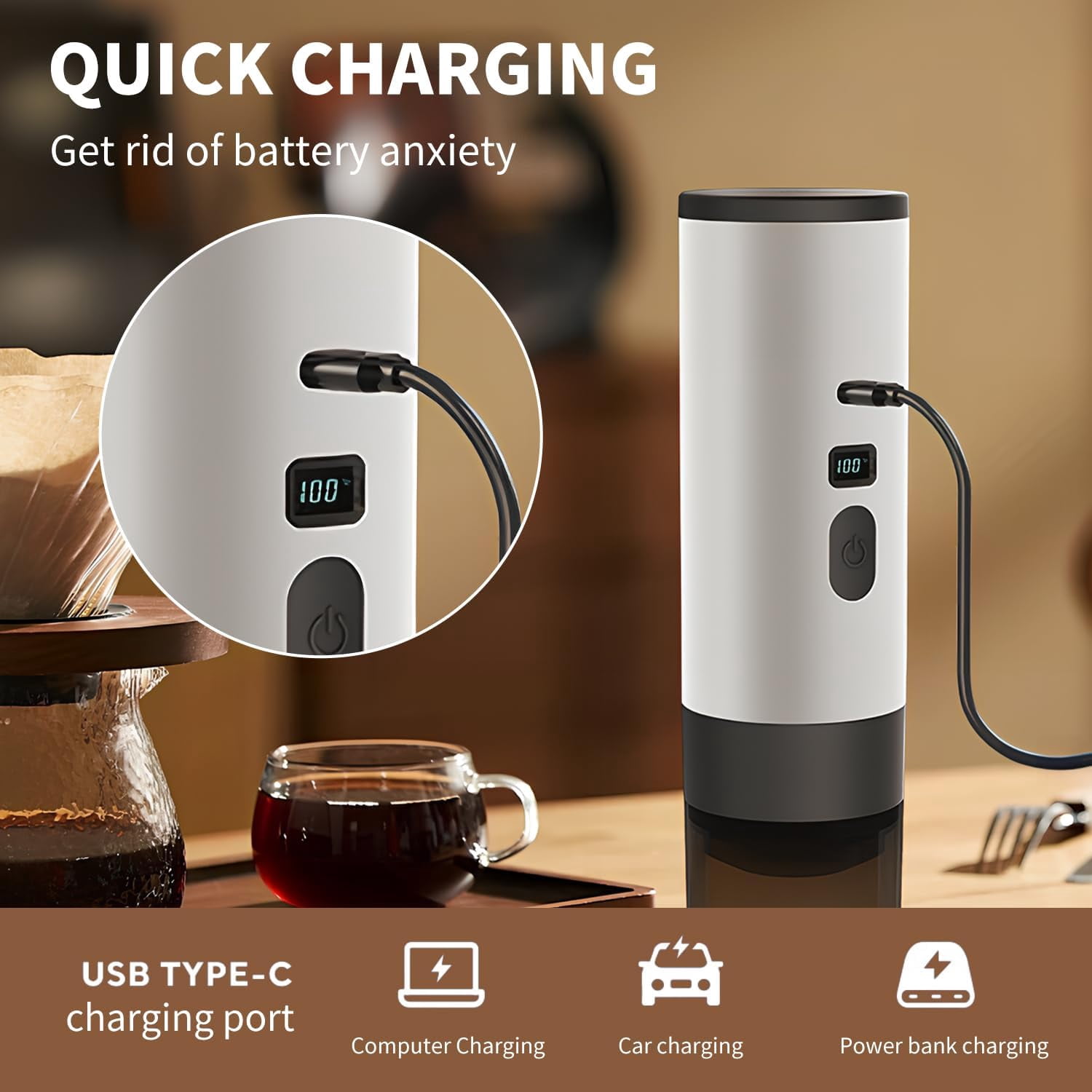 3-in-1 Portable Coffee Maker, Portable Espresso Machine with LED Display and 90ml Sink, Compatible with Ground Coffee & Capsules for RV, Hiking, Office, Auto-Heating, USB-C (Gray)