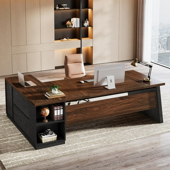Tribesigns 78" L Shaped Executive Desk with Drawers, Large Office Desk with Storage Shelves, Modern Corner Computer Table for Home Office (Black & Brown)