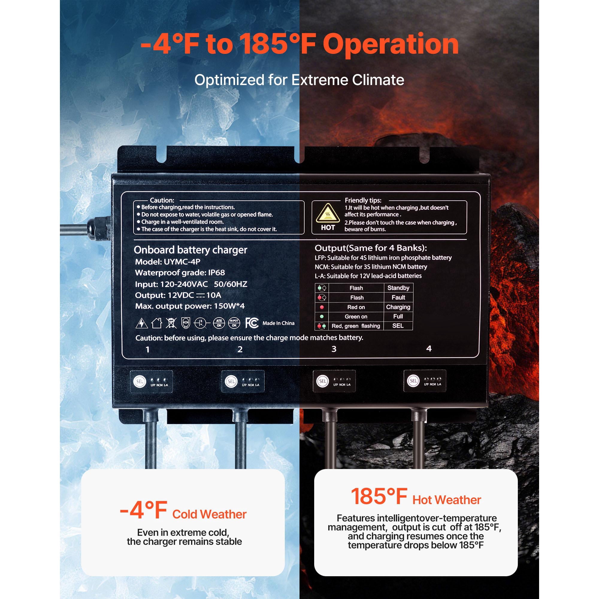 KFFKFF 4-Bank 10A 12V Onboard Marine Battery Charger, IP68 Waterproof Smart Charger for Lithium-Ion (LiFePO4), NCM, and Lead-Acid Batteries, Suitable for Boats, Yachts, RVs, and Trailers