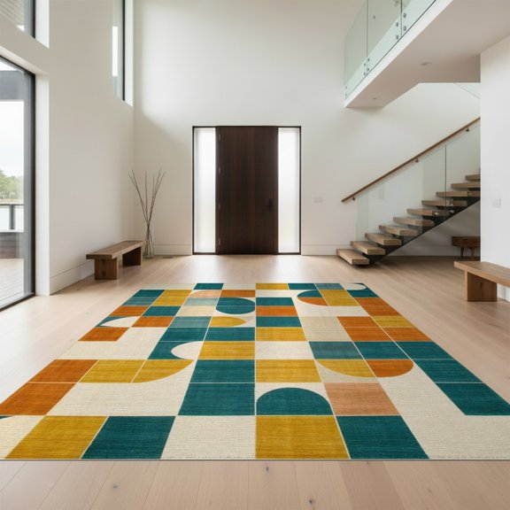 Design&I 8'x10' Washable Area Rug Patchwork Contemporary Geometric Block Abstract Mid Farmhouse for King Size Bedroom, Under Bed, Sleek Flatweave Pet Friendly