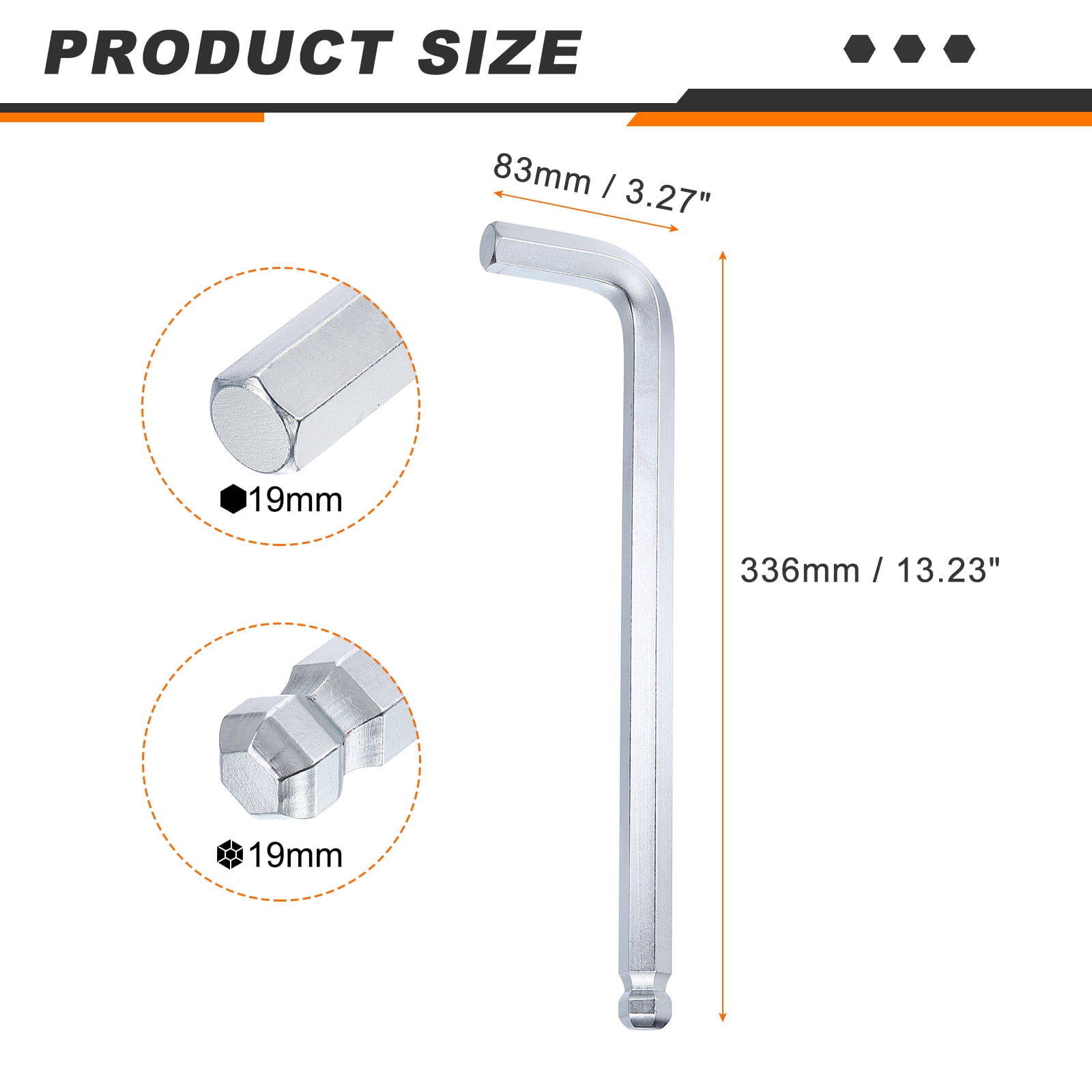 Ball End Hex Key Wrench 19mm Cr-V L-Shape Long Arm Hexagon Wrenches Silver