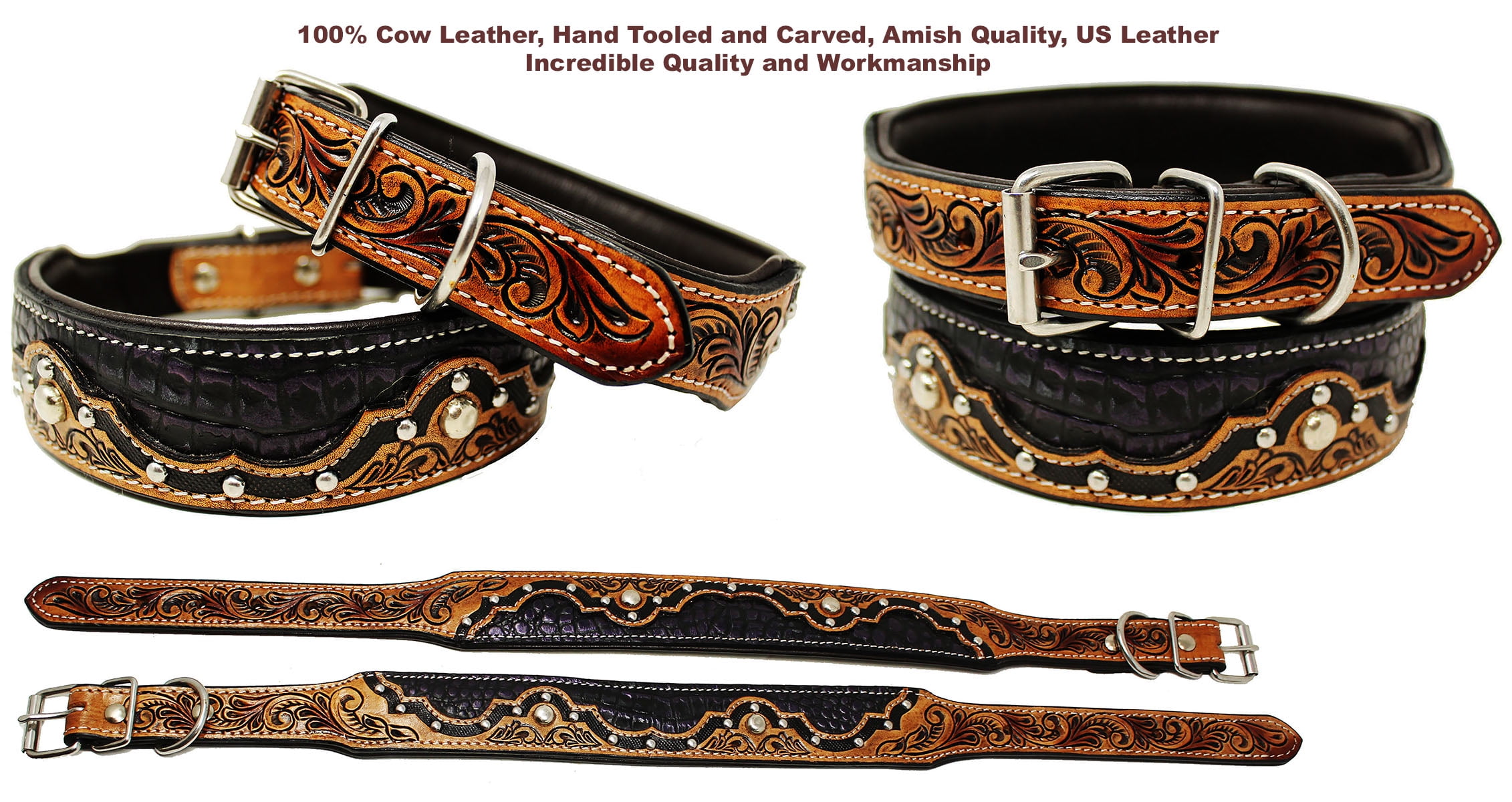 Small 13''- 17'' Padded Leather Dog Collar Heavy Duty Tooled Gator Inlay 60FK08