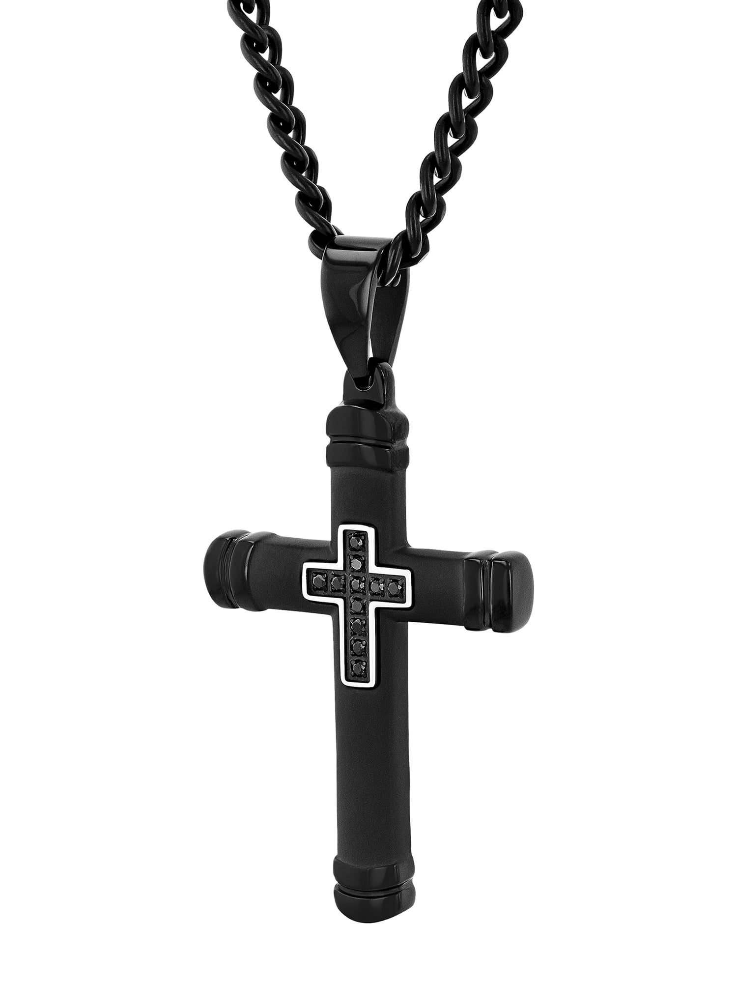 Men's Black Diamond Accent Black Finish Stainless Steel Cross Pendant 24" Necklace