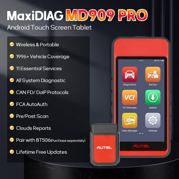 Autel MaxiDiag MD909 Pro Professional OBD2 Scanner, Up of MD808Pro MD806 AL629 AL549 AL329 AL319, All Systems Diagnostic, 11 Service, CAN FD & DoIP, Read/Clear Code for All OBDII Vehicles After