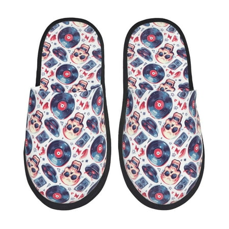 Balery record rock music Skull Slient Indoor Furry Fleece Comfort House Shoes Soft Non-Slip Home Shoes Cotton slippers House Slippers-- Large