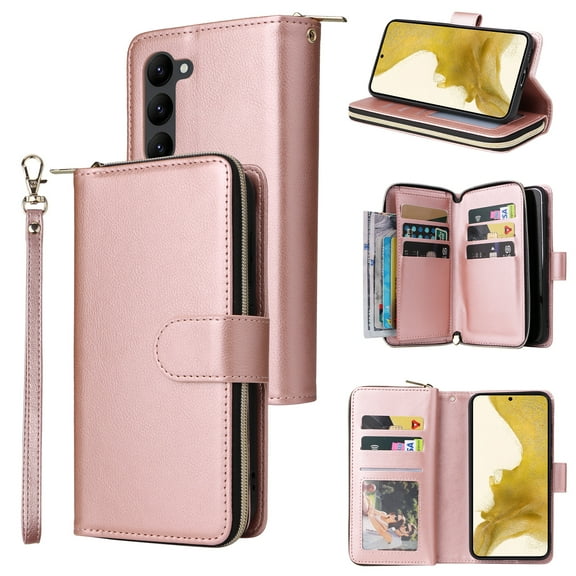Feishell for Samsung Galaxy S23 Plus (6.6 inch) Wallet Case for Women Men,Premium PU Leather Magnetic Clasp Zipper 9 Card Slots Flip Holder Shockproof Purse Phone Case with Wrist Strap,Rosegold
