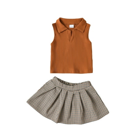 

Qtinghua 2Pcs Toddler Baby Girls Summer Clothes Sleeveless Lapel Vest Tank Top + Pleated A-Lined Skirt Outfits