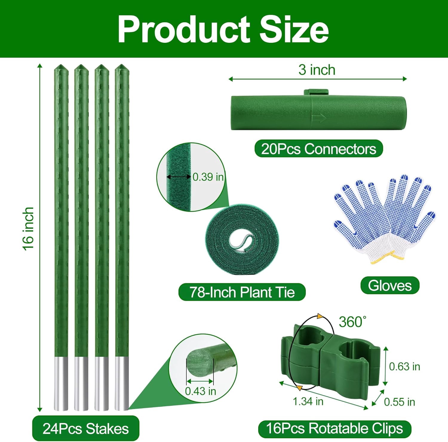 Garden Stakes16 Inch 24 Pack, Tomato cage DIY 4ft 5ft 6ft 7ft 8ft Plant Support Stakes with Connectors and Clips, Plastic Coated Metal Sticks for Tomato Indoor Outdoor