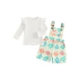 thumbnail image 2 of Aojekbee Little Girls Fall Outfits Solid Color Ribbed Long Sleeve Tops with Floral Print Overalls Shorts 2Pcs Set, 2 of 10