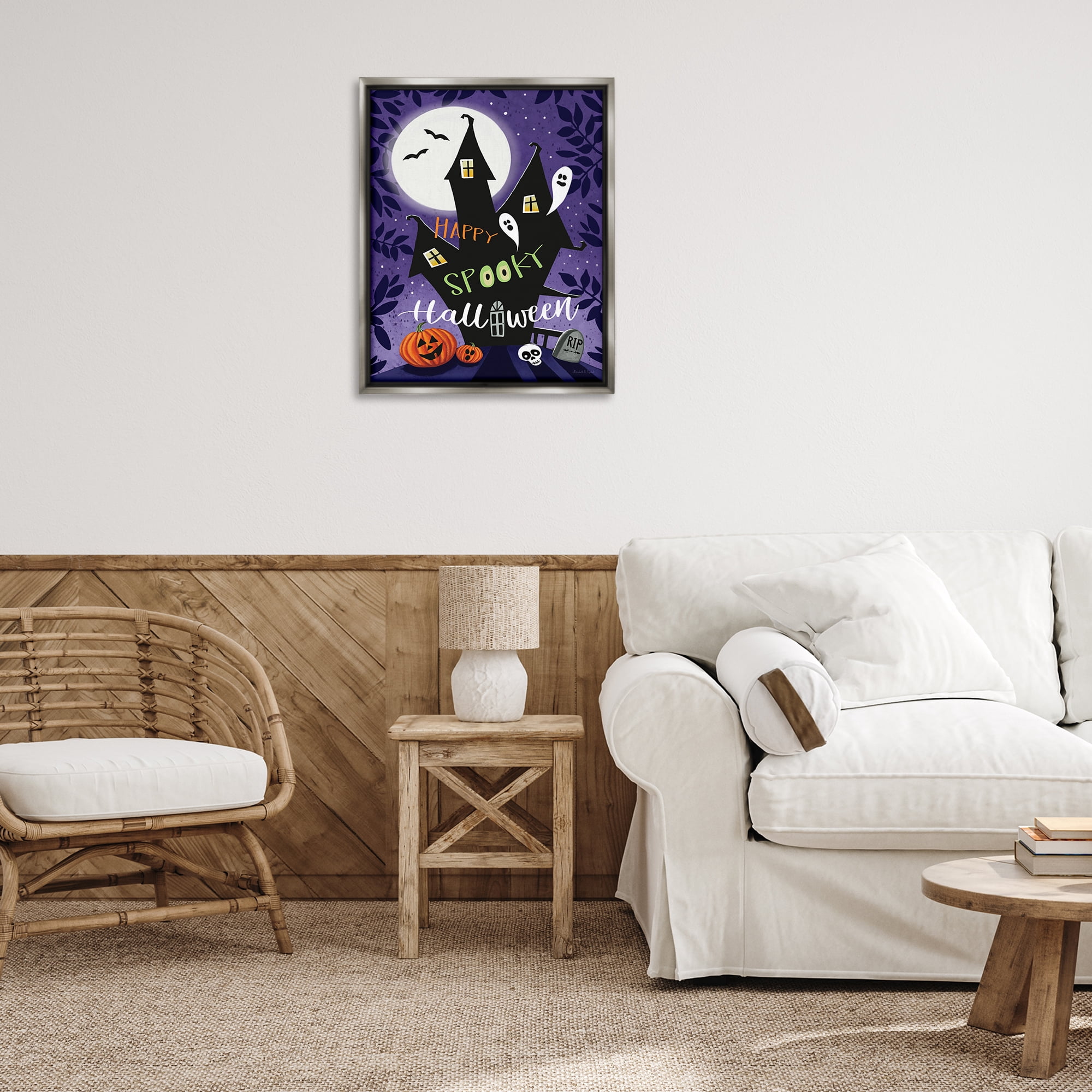 Stupell Industries Spooky Halloween House Holiday Painting Gray Floater Framed Canvas Art Print Wall Art, 25 x 31