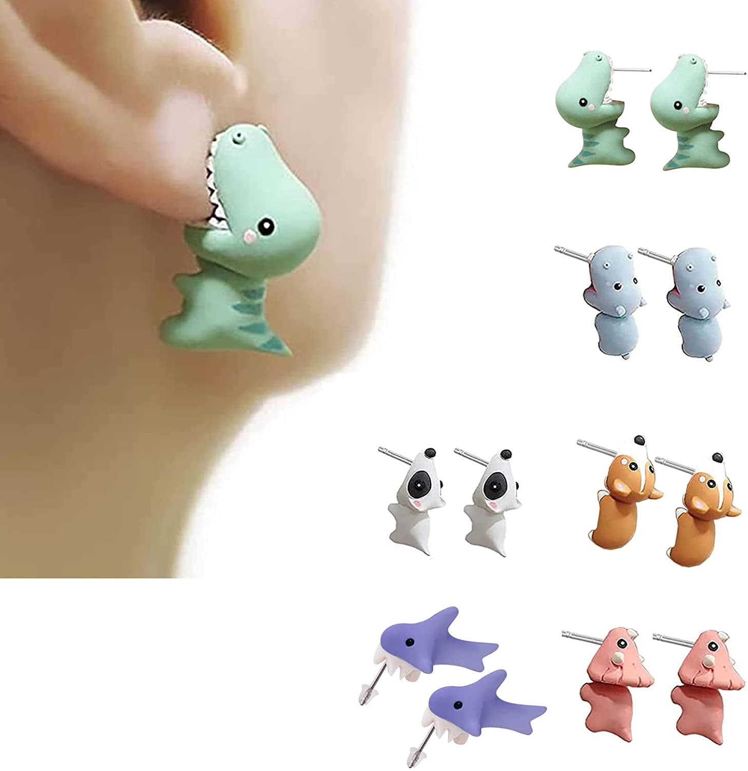 Dinosaur Shark Earrings Handmade Polymer Clay Cute Stud Earrings for Women Girls Cute Animal Bite Earring 3D Cartoon Piercing Earrings 
