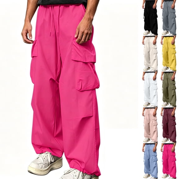 Smsaxvxz Men's Baggy Cargo Pants Trendy Casual Elastic Waist Drawstring Loose Fit Joggers Pant with Pockets Hot Pink XXL