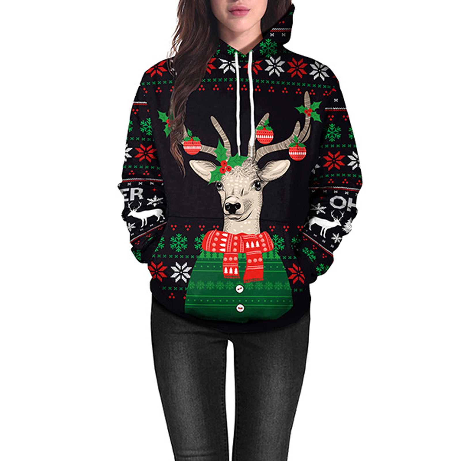 Unisex Ugly Christmas Sweatshirt Men Women Novelty 3D Printing Xmas Santa Reindeer Hoodie & Crew Neck Sweatshirt