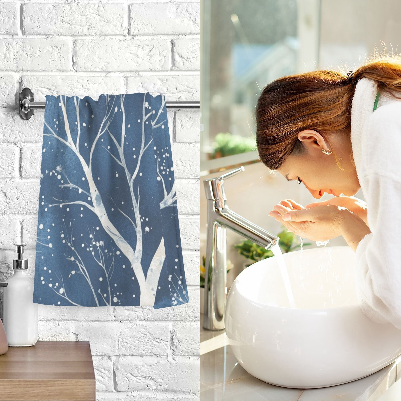 White Trees Winter Hand Towels Cotton Bath Towels Large Face Towels Absorbent for Bathroom 2 Packs