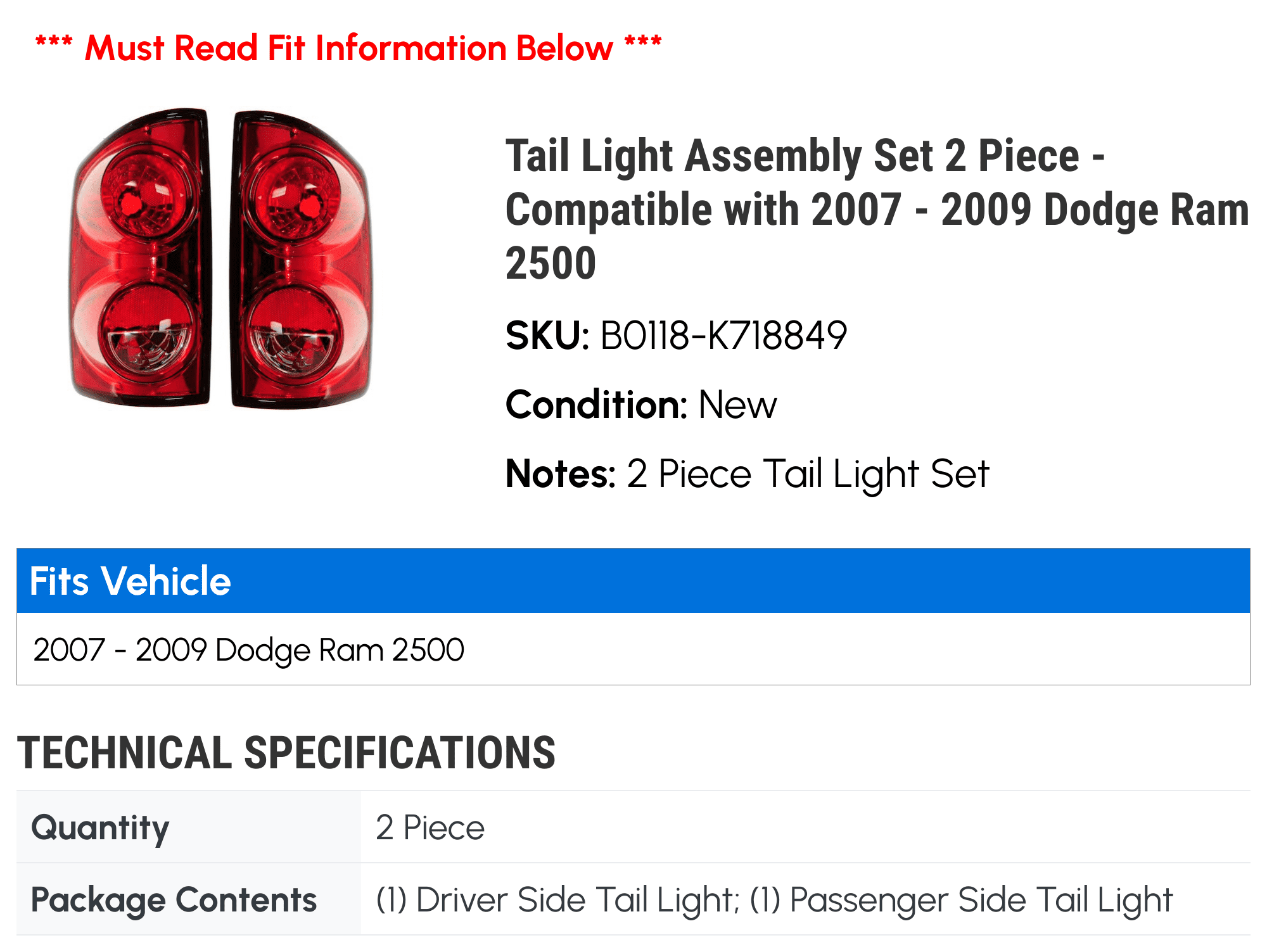 Tail Light Assembly Set 2 Piece - Compatible with 2007 - 2009 Dodge Ram 2500 2008