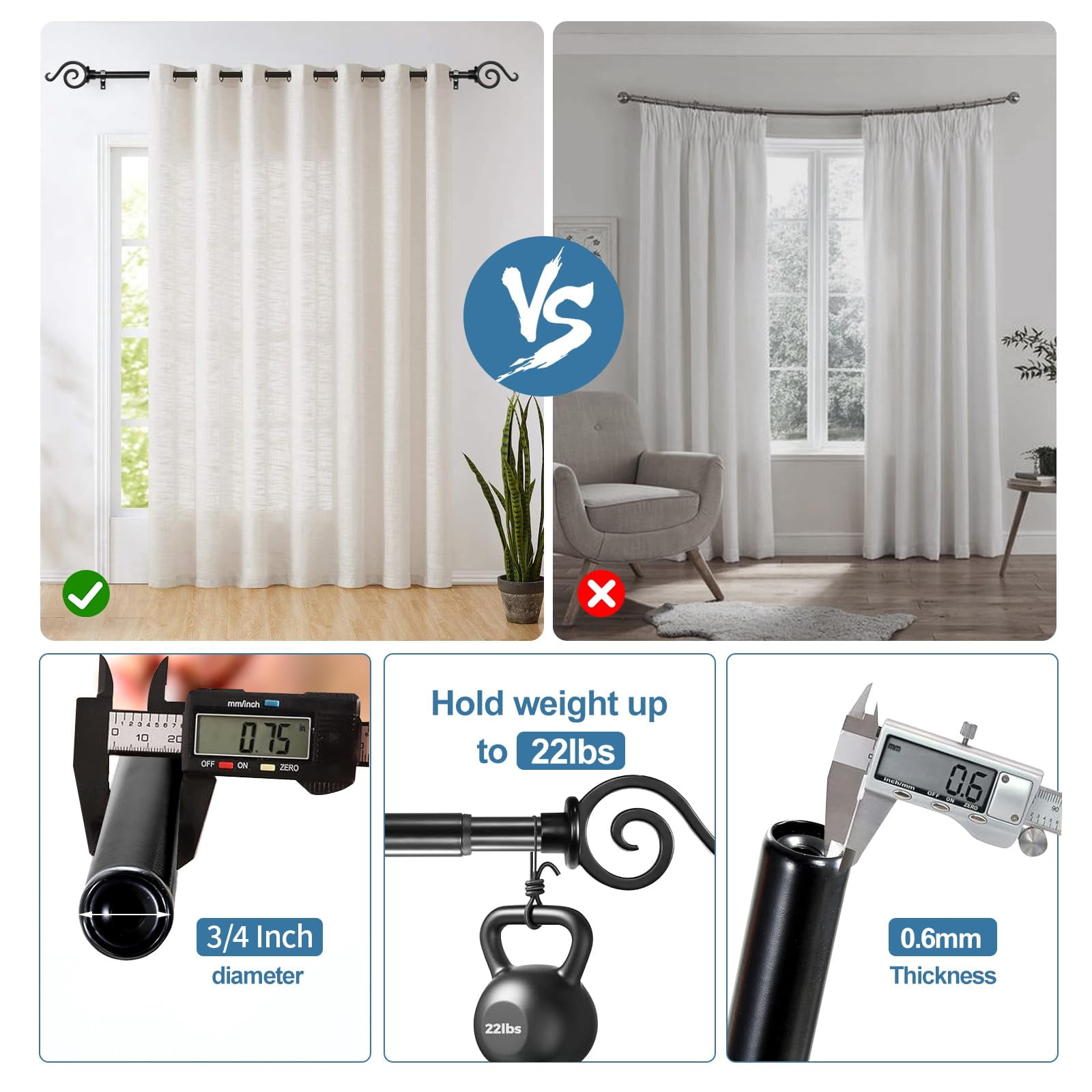 Urbanest 3/4" French Scroll Cast Forged Iron Single Curtain Rod – Designer Cast Iron Drapery Hardware with Elegant Finials, Easy-Mount, Heavy-Duty, 48" to 84", Matte Black